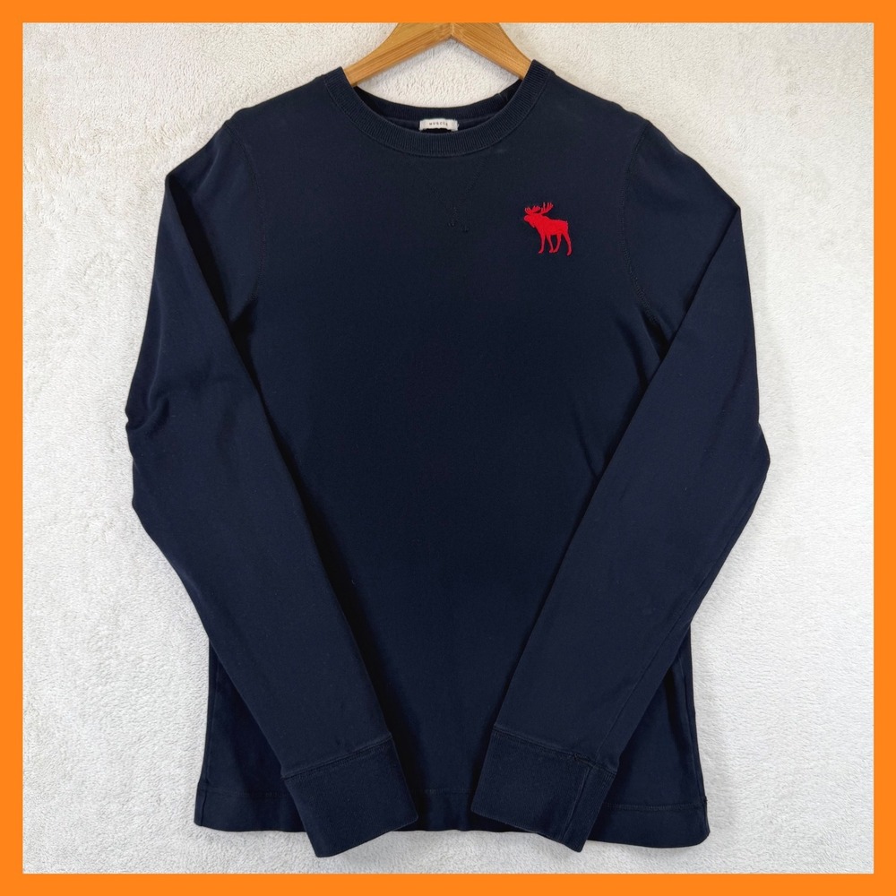 VTG Abercrombie & Fitch Mens XL Muscle Fit Long Sleeve Navy Blue Red Moose Y2K